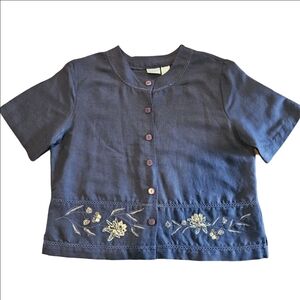 Koret Women's Vintage Navy Blue Button-down Embroidered Blouse, 12P, Linen/Rayon